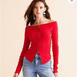 Free People Vibrant Red Off-Shoulder Sweater